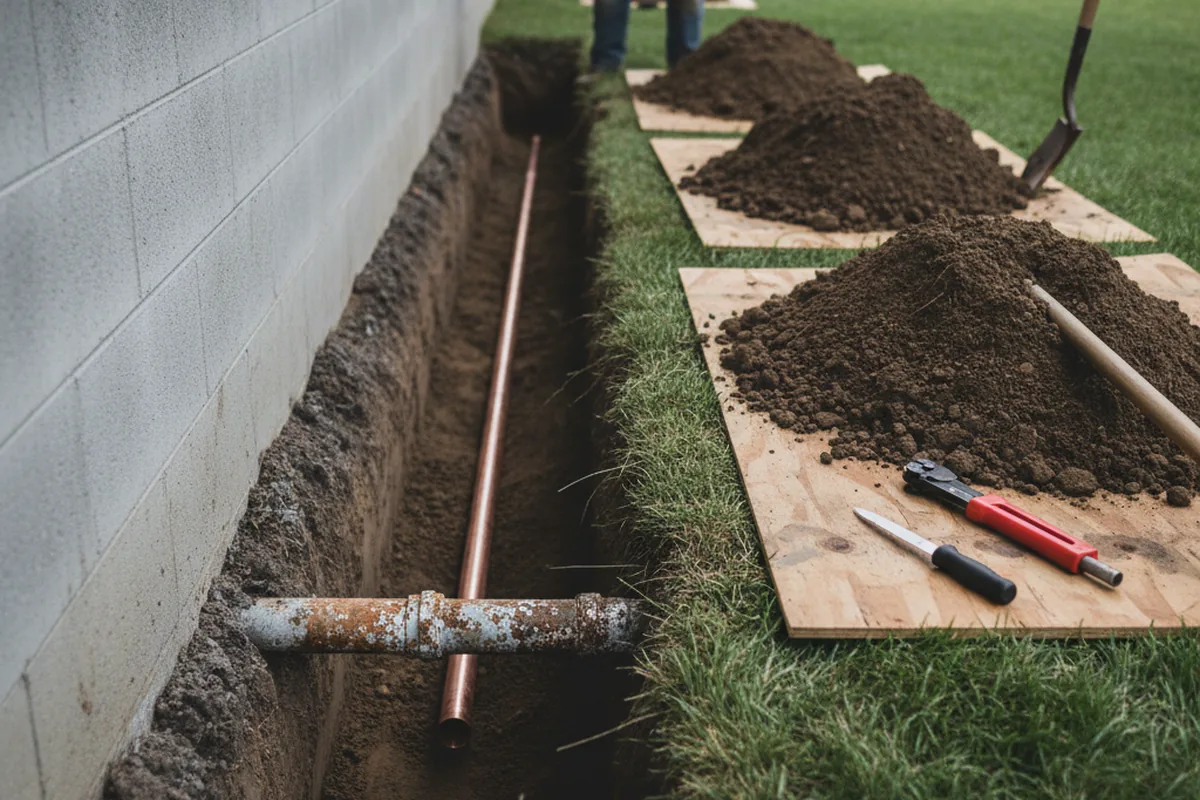 Excavated water line trench during Sewer Line Repair in Annandale